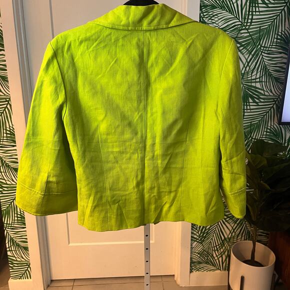 Lafayette Bright Trendy Lime Green Vibrant Linen Open-Front Blazer Jacket Size 8 - Picture 2 of 10